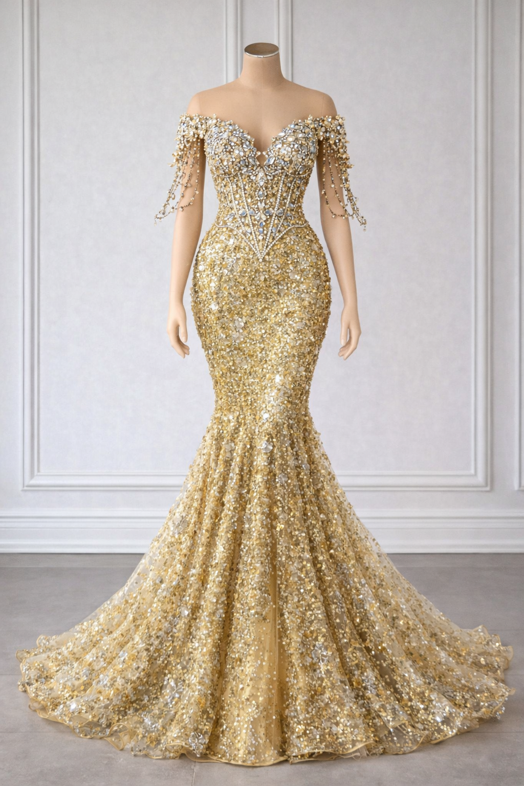 Custom gold glitter corset mermaid prom dress with exquisite crystal embellishments and sheer illusion bodice, handmade by Sewn In The Wood.