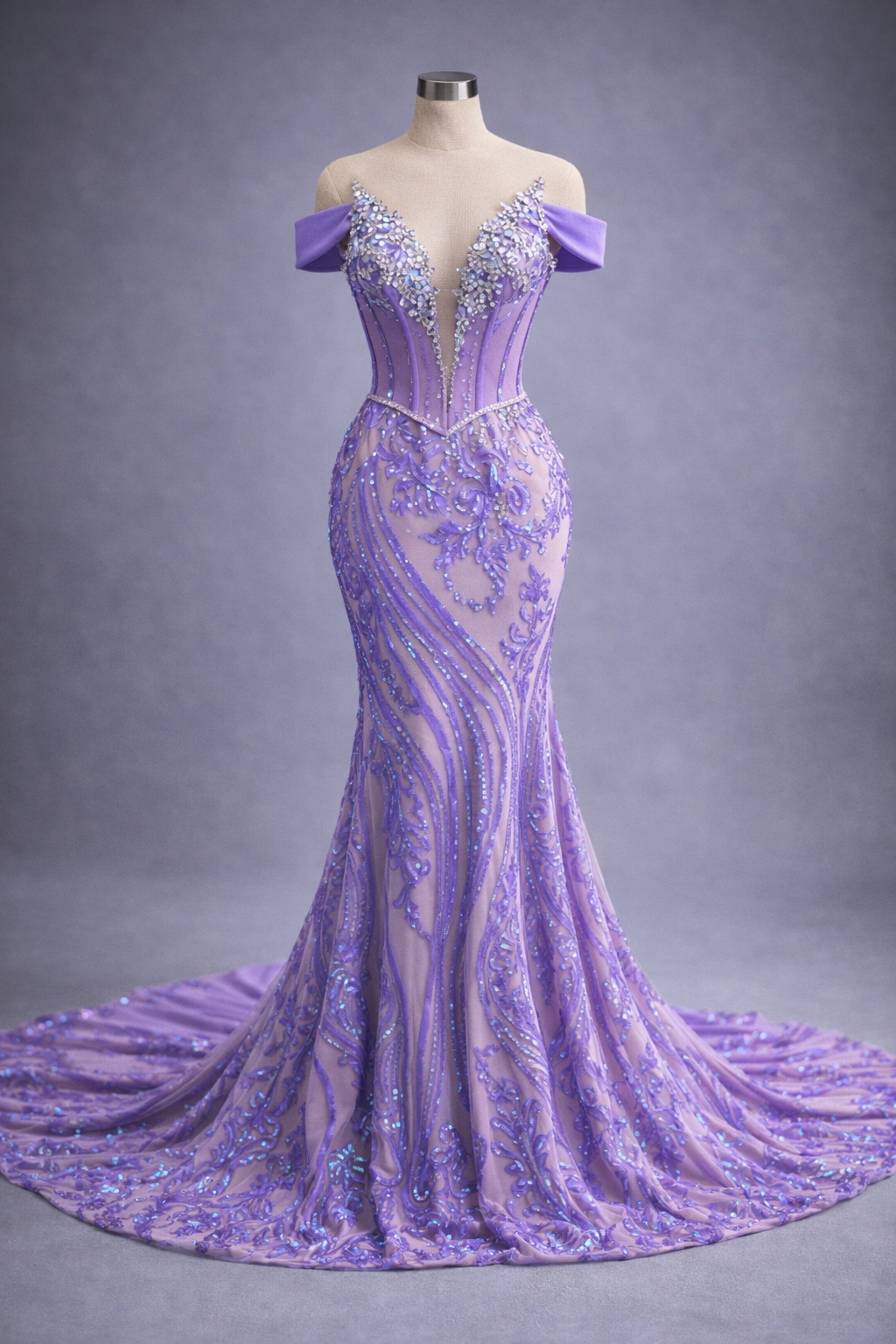 Custom lavender mermaid prom dress with a sheer corset bodice and romantic off-the-shoulder sleeves, handmade by Sewn In The Wood.