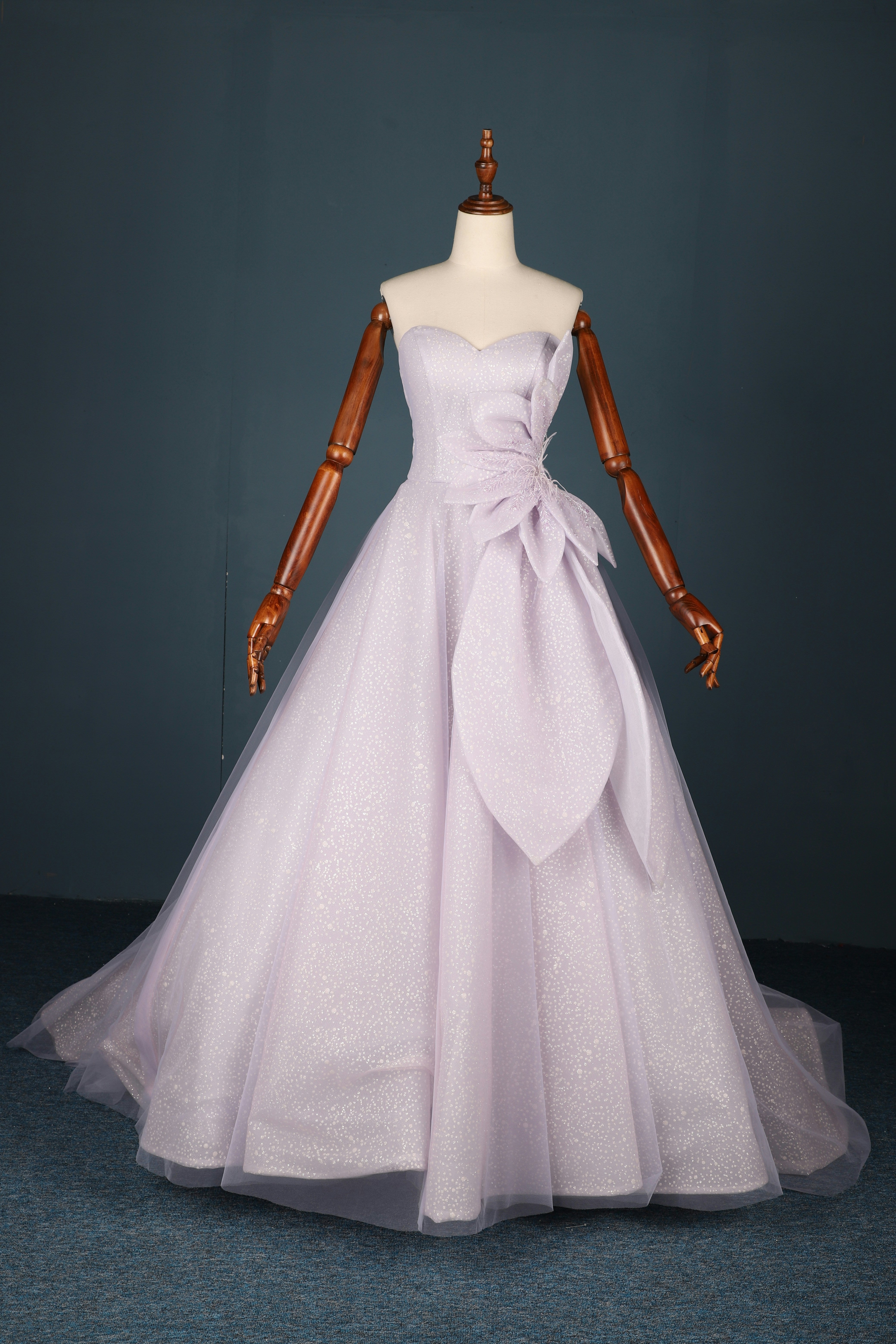 A-line lavender glitter formal dress with 3D floral detailing, custom-inspired formalwear aesthetics by Sewn In The Wood.