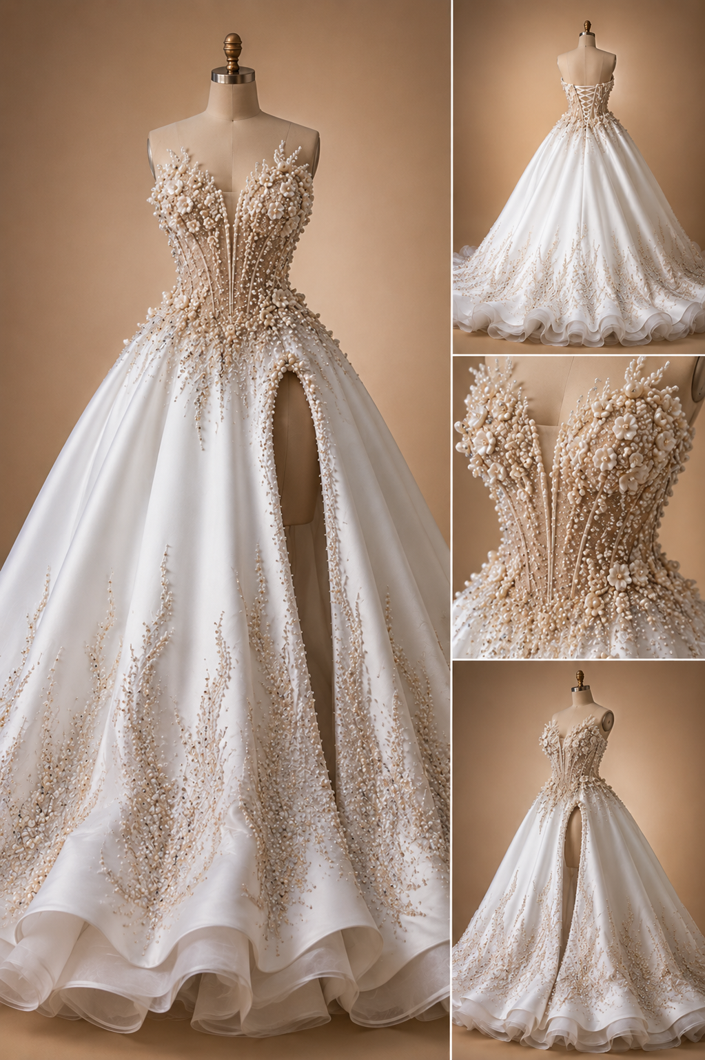 Luxury Mikado Ballgown Wedding Dress with 3D Beaded Corset &amp; High Slit