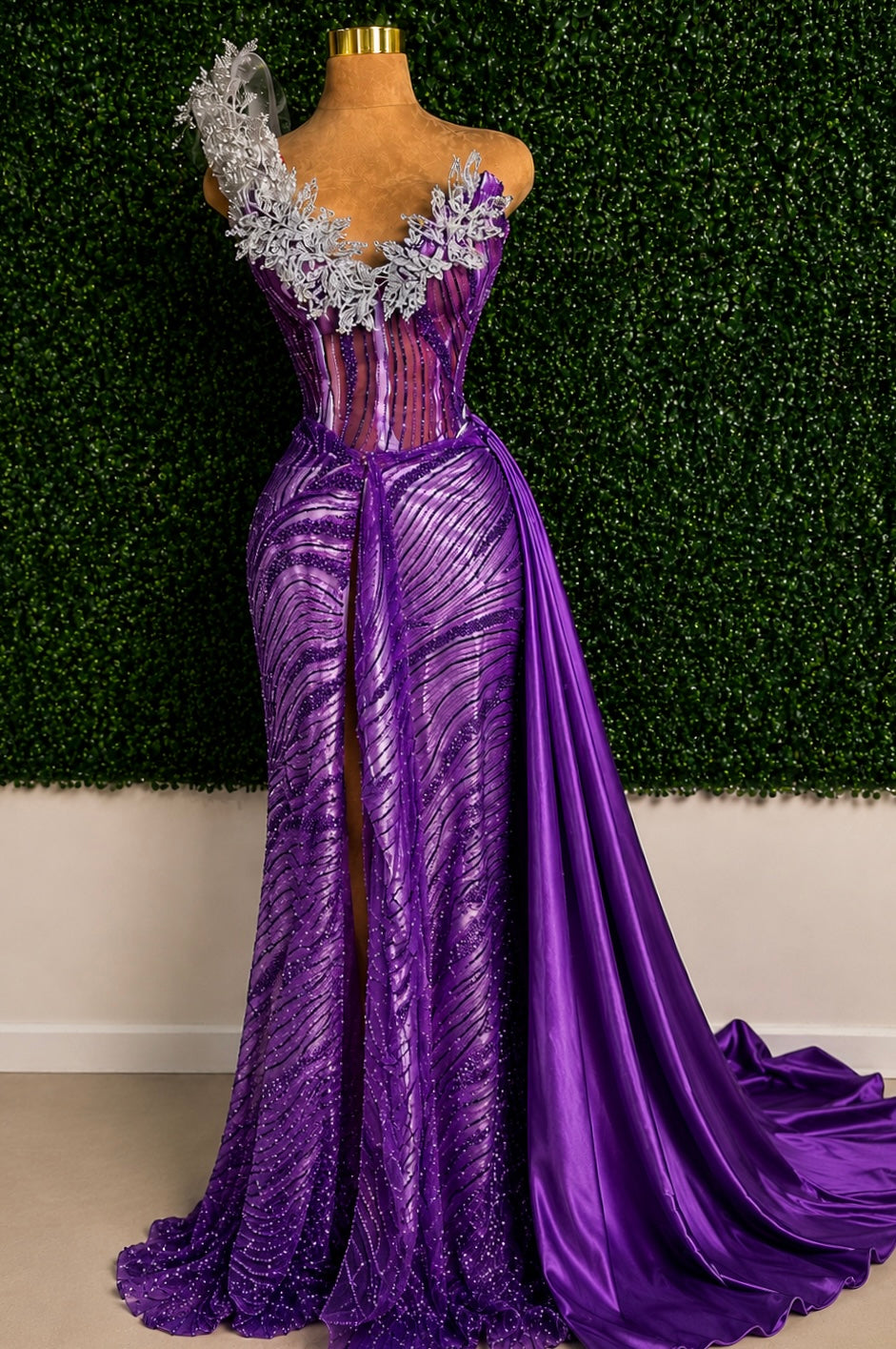 Amethyst Purple Sheer Corset Prom Dress with Crystal Shoulder Piece &amp; Overskirt